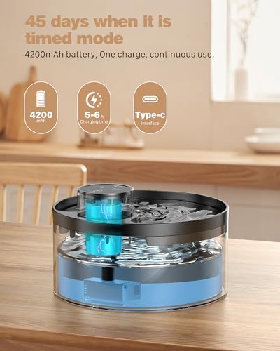 Fontaine à Eau Chat sans Fil - Batterie 4200 mAh, Charge Type-C, 30 Jours Mode Induction, 45 Jours Mode Temporisé, Idéal