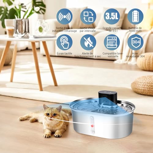 Dreamhigh® Fontaine à Eau pour Chat 3,5L Sans Fil, 5000 mAh avec Capteur de Mouvement 2 Modes, Acier Inoxydable pour Cha