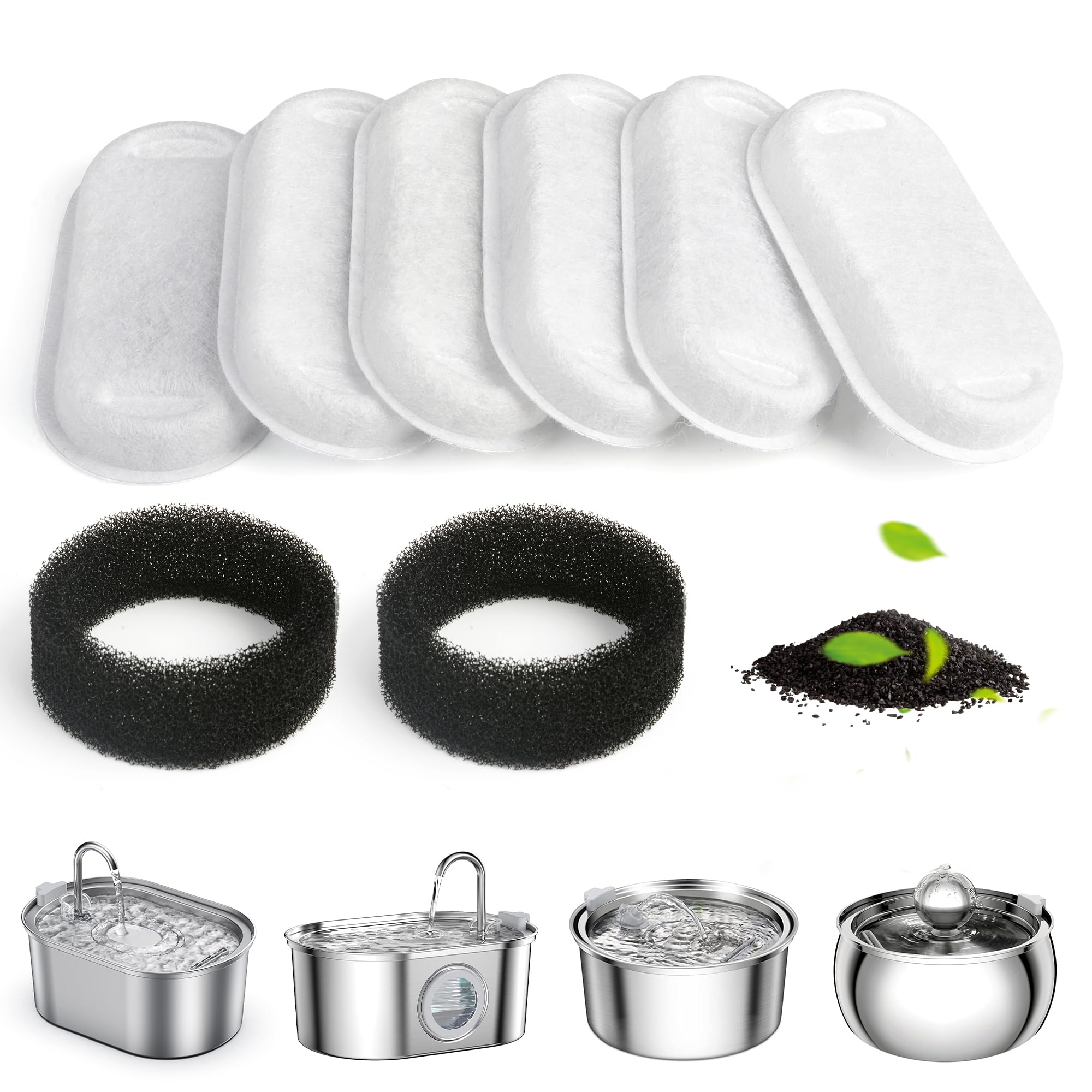 Filtres à Charbon Actif pour Fontaines à Eau de Chat, 6 Filtres + 2 Éponges Protection Pompe, Compatible Fontaine Inox